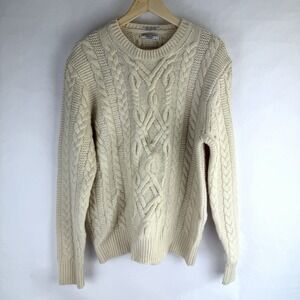 Wallace & Barnes Shetland Wool Cable Knit Sweater Fisherman Large Cream FLAW